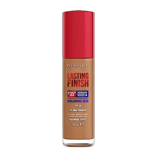 Rimmel Lasting Finish 35Hr Foundation 420 Warm Toffee, Full Coverage, Hydrating, SPF20, Hyaluronic Acid, Vitamin E, 2% Niacinamide, All Day Wear, Vegan, Cruelty Free